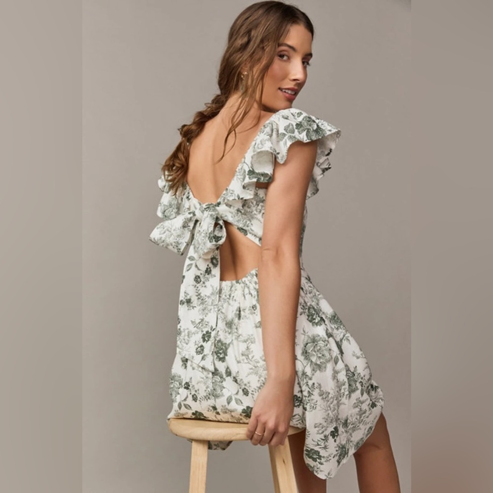 Francesca’s - Bella Bow Back Postcard Print Mini Dress - Green - XL